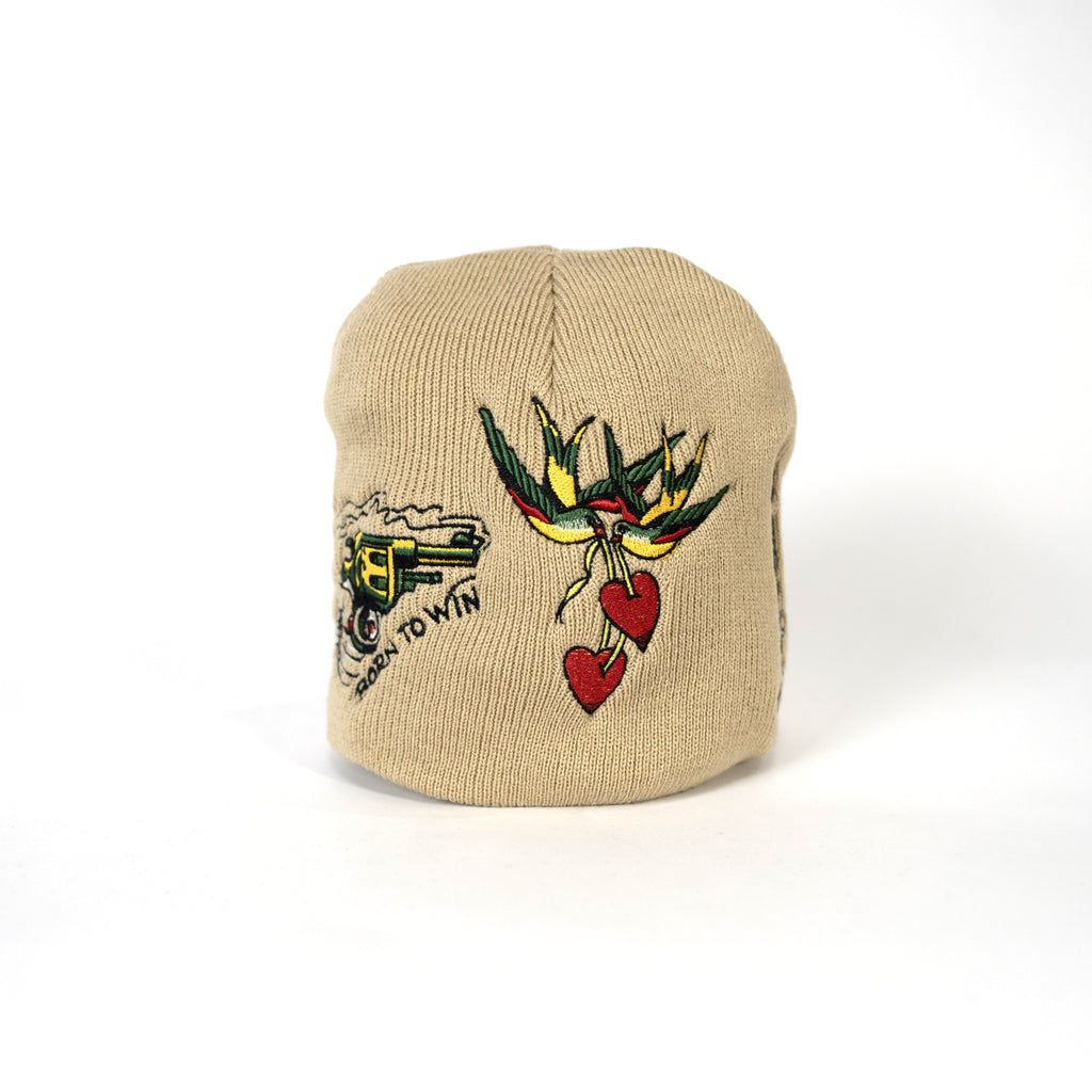 Embroidered 8 1/2" Skull Cap - Tan Red & Green