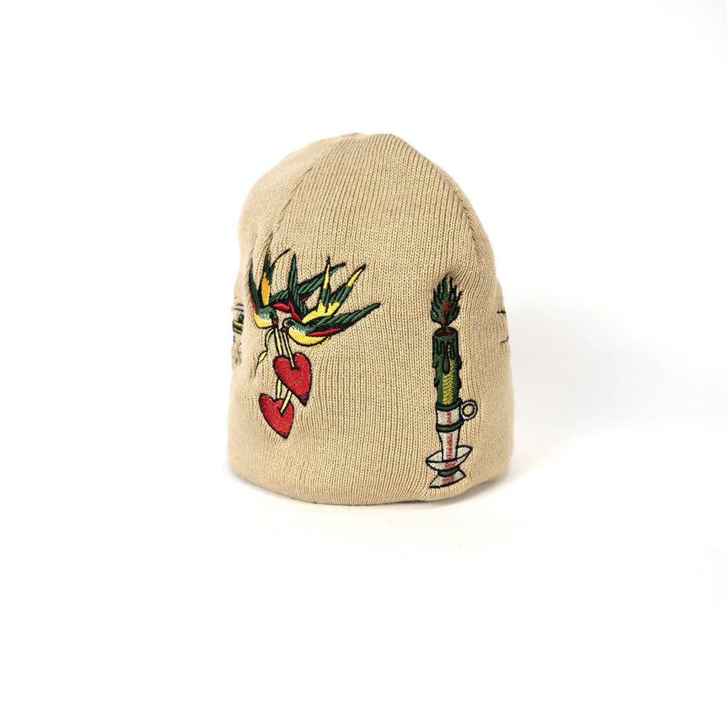 Embroidered 8 1/2" Skull Cap - Tan Red & Green