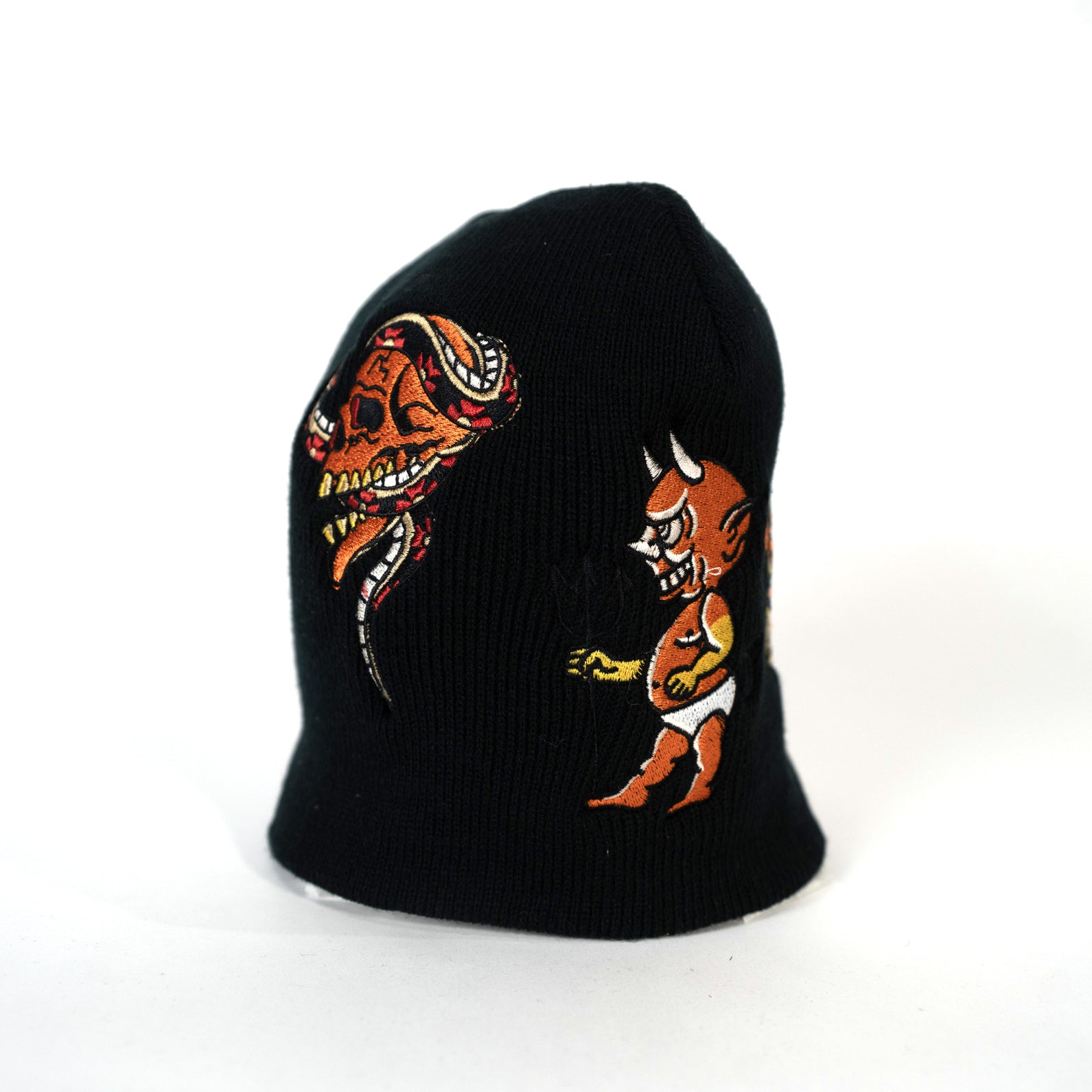 Embroidered 8 1/2" Skull Cap - Black & Orange