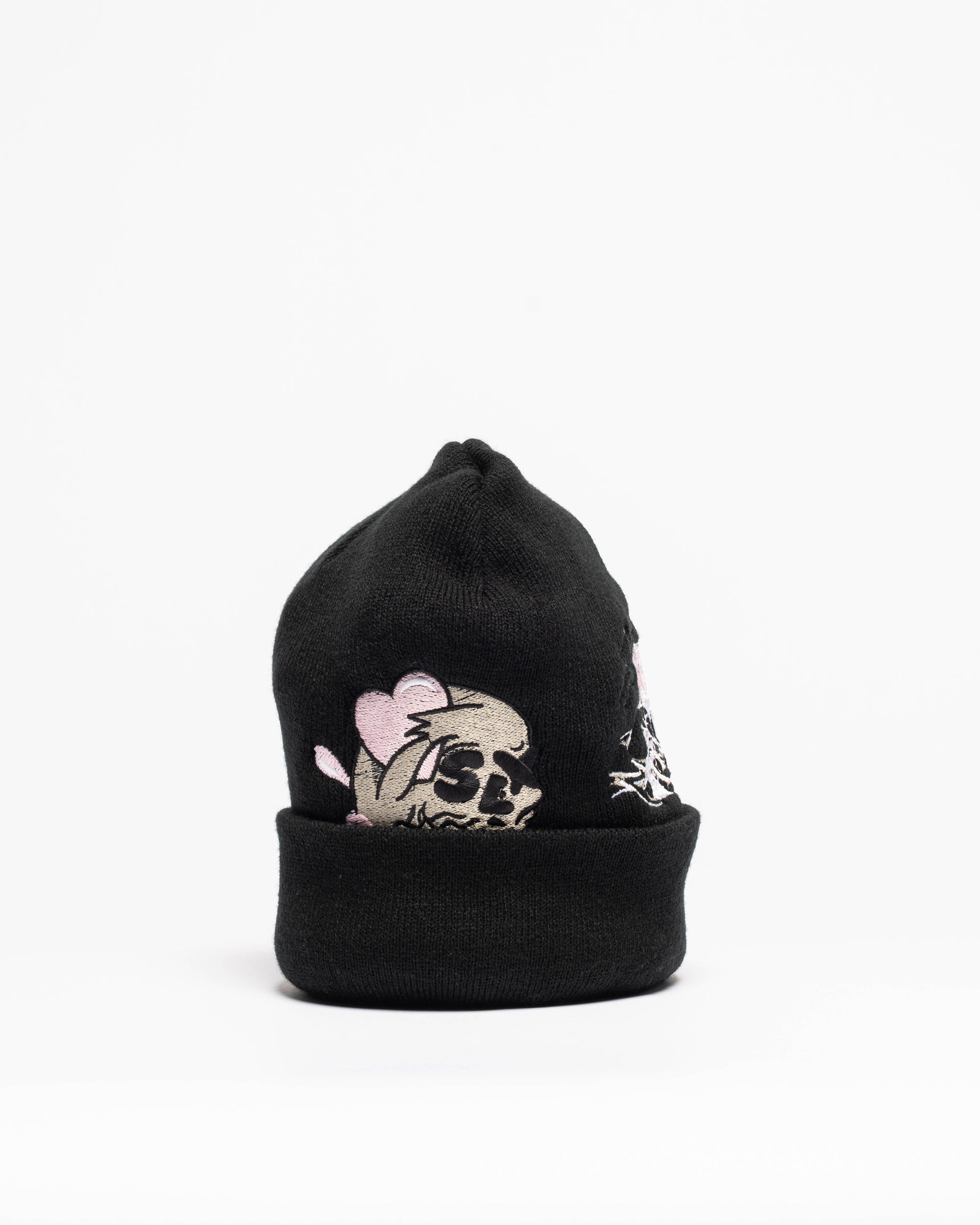 Embroidered 12" Cuffed Beanie - Black & Pink