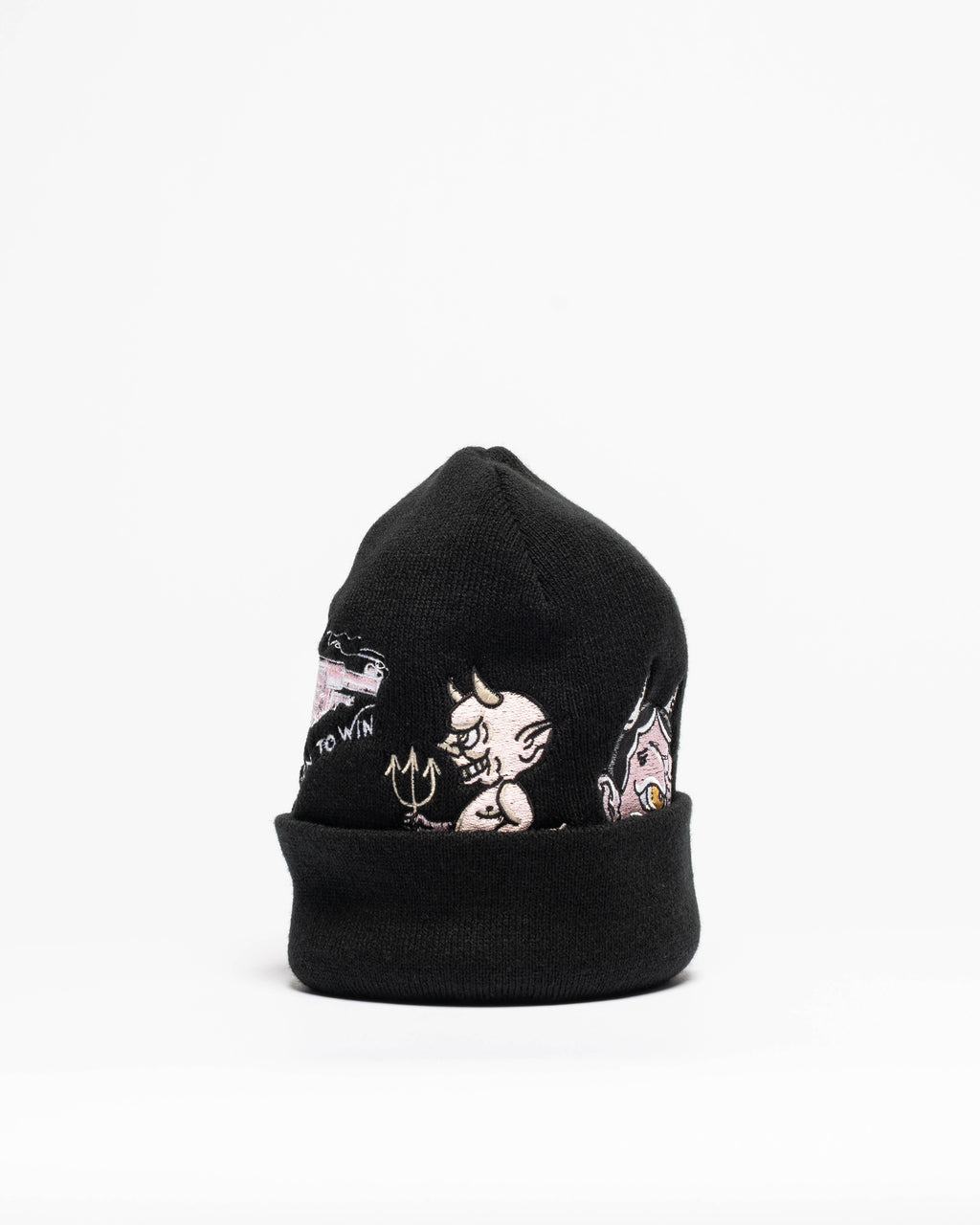 Embroidered 12" Cuffed Beanie - Black & Pink