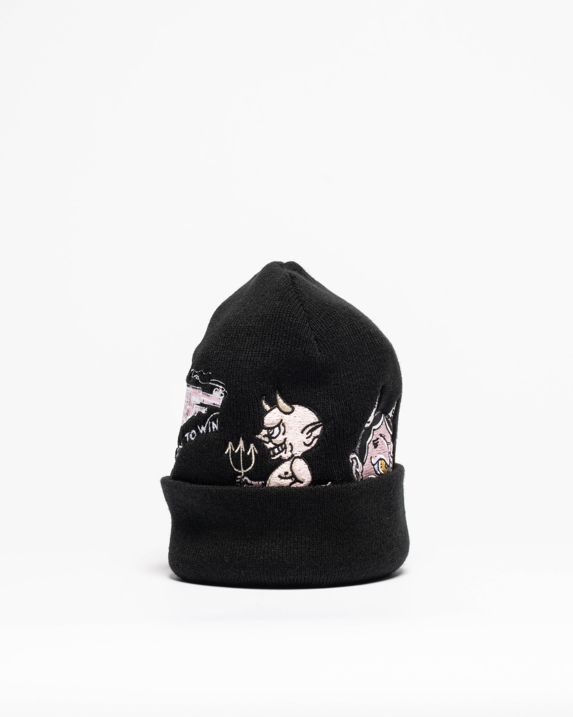 Embroidered 12" Cuffed Beanie - Black & Pink
