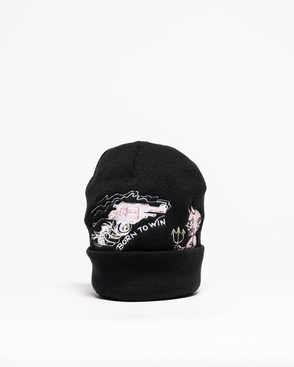 Embroidered 12" Cuffed Beanie - Black & Pink