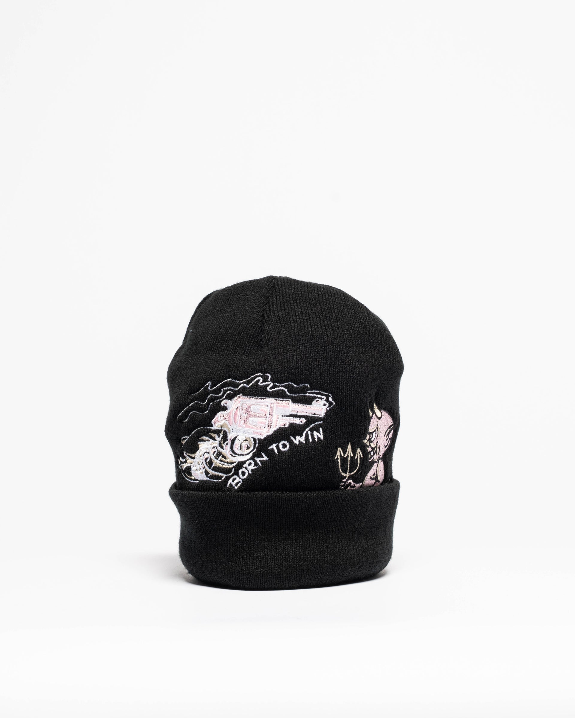 Embroidered 12" Cuffed Beanie - Black & Pink