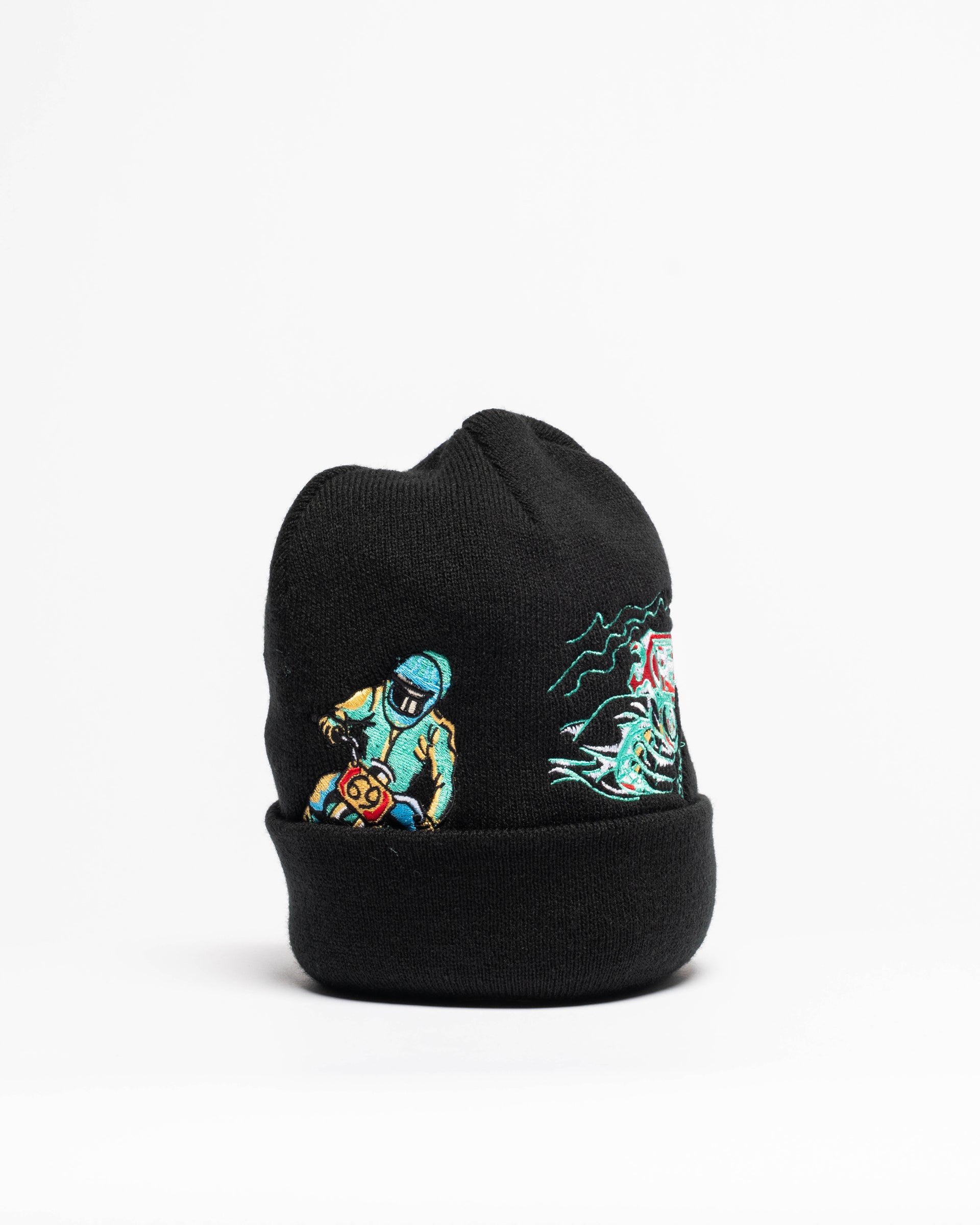 Embroidered 12" Cuffed Beanie - Black & Teal II