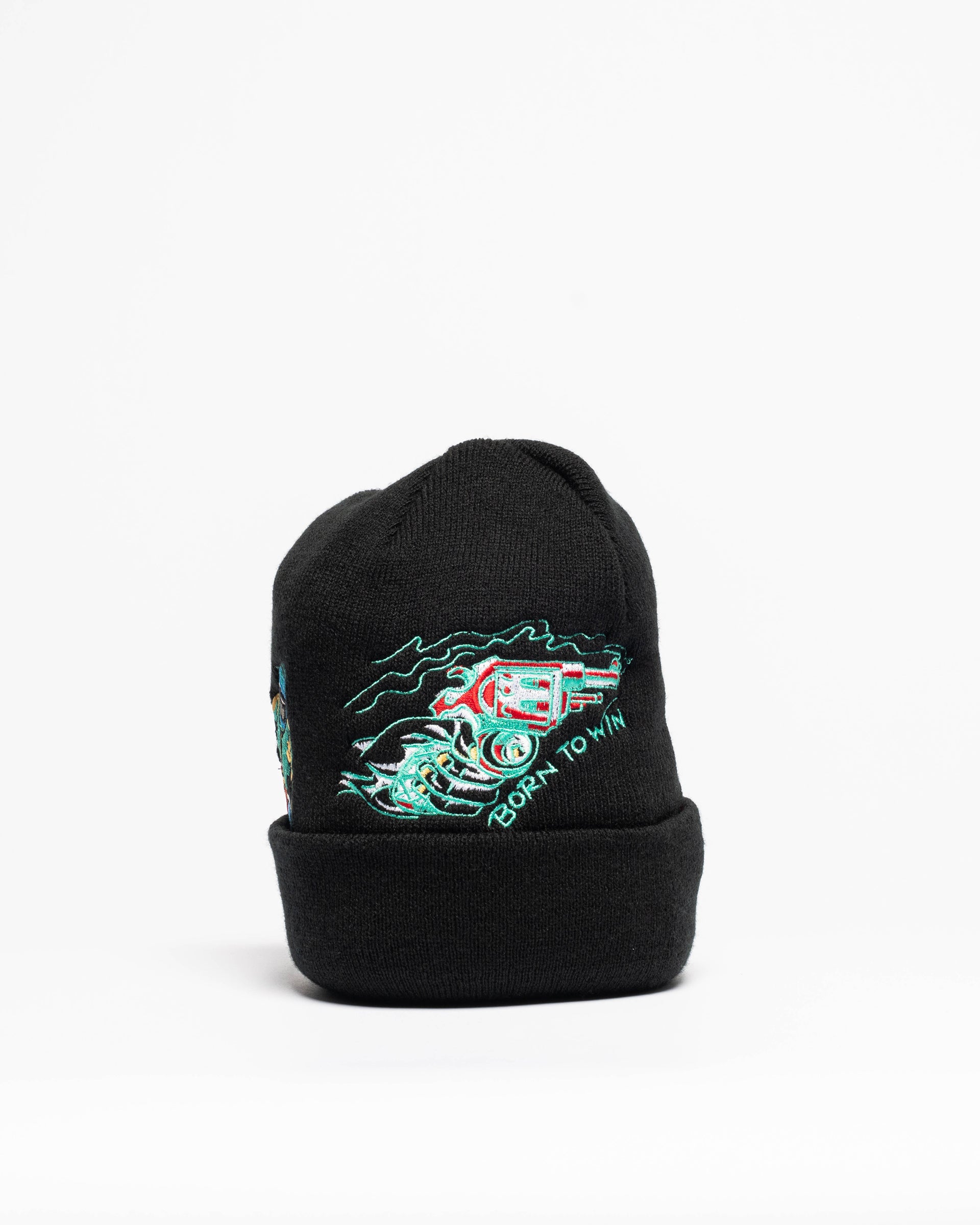 Embroidered 12" Cuffed Beanie - Black & Teal II